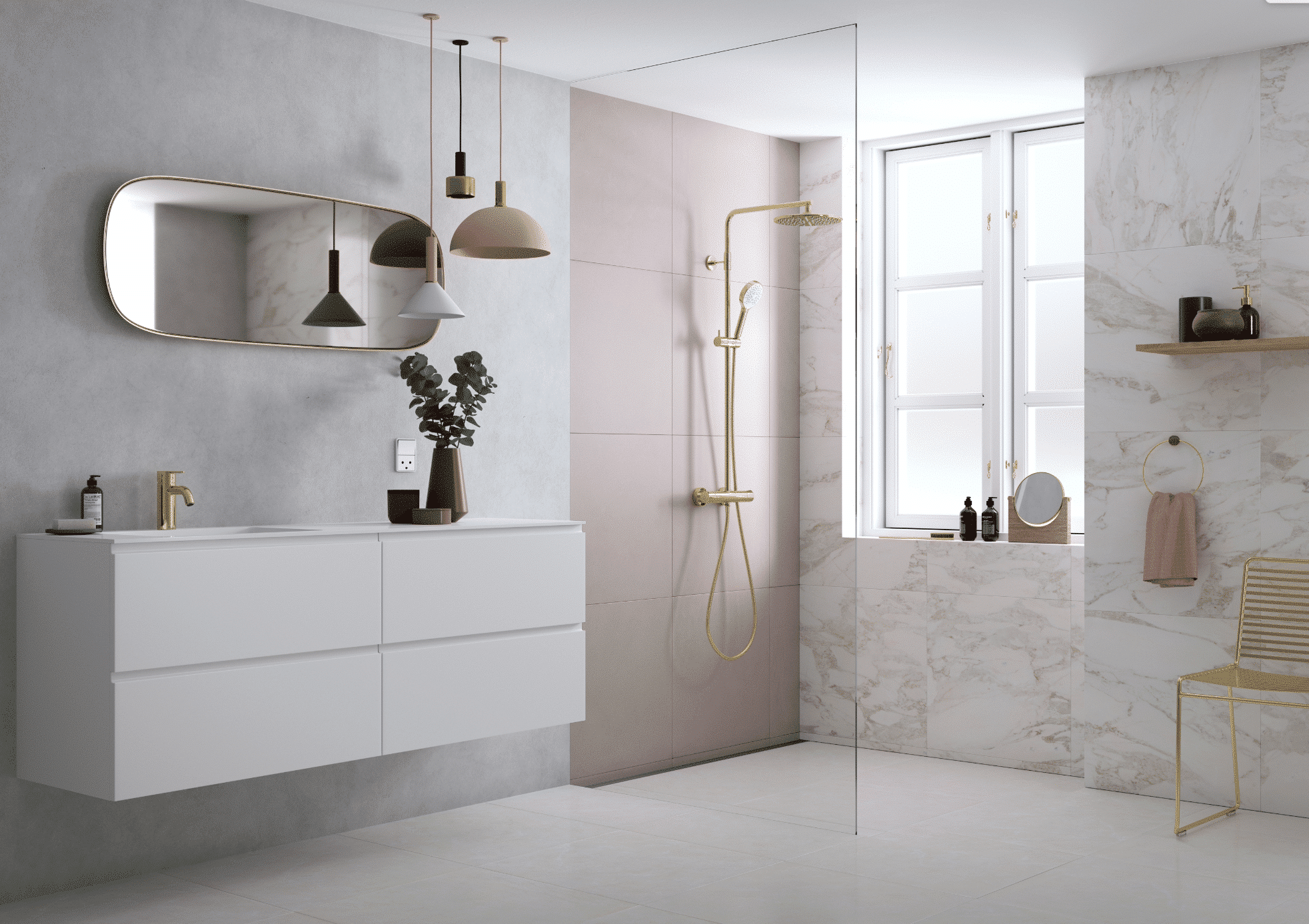 Fliesendorf zeigt ein Badezimmer mit hellen, marmorierten Fliesen an der Wand und rosa gefliester, offener Dusche mit Glaswand und weissem Waschtisch mit Kommode.