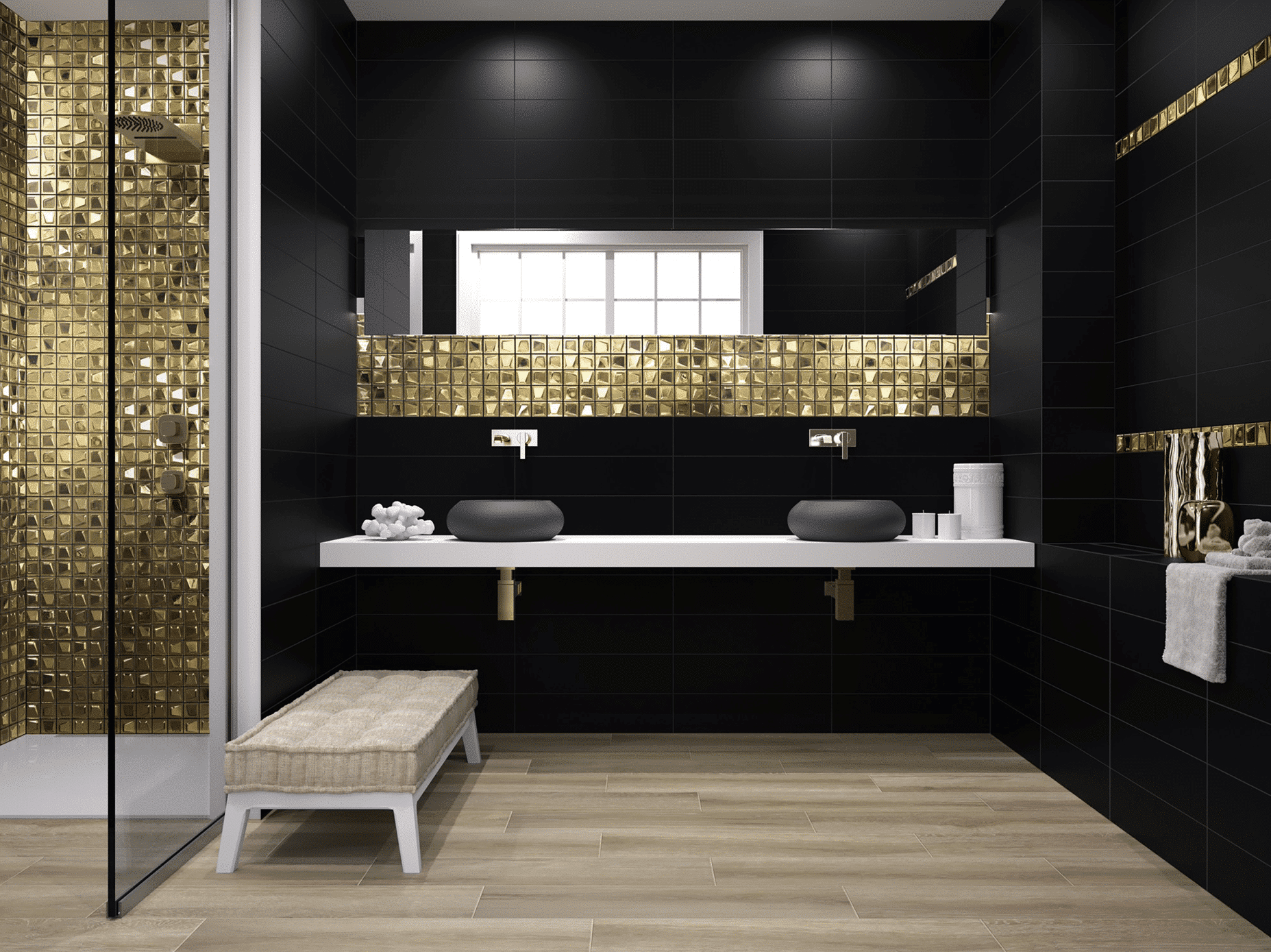 Fliesendorf zeigt ein edles Badezimmer mit schwarzen Wandfliesen und goldenen gefliesten Akzenten mit einem Doppelwaschtisch und einer Dusche mit Glaswand.