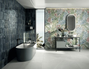 Fliesendorf zeigt in einem modernen Badezimmer wie verschiedene Designs der XXL-Fliesen auch nebeneinander perfekt harmonieren.