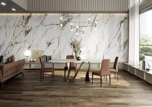 Fliesendorf zeigt exquisiten Essbereich mit XXL-Marmor-Wandplatten.