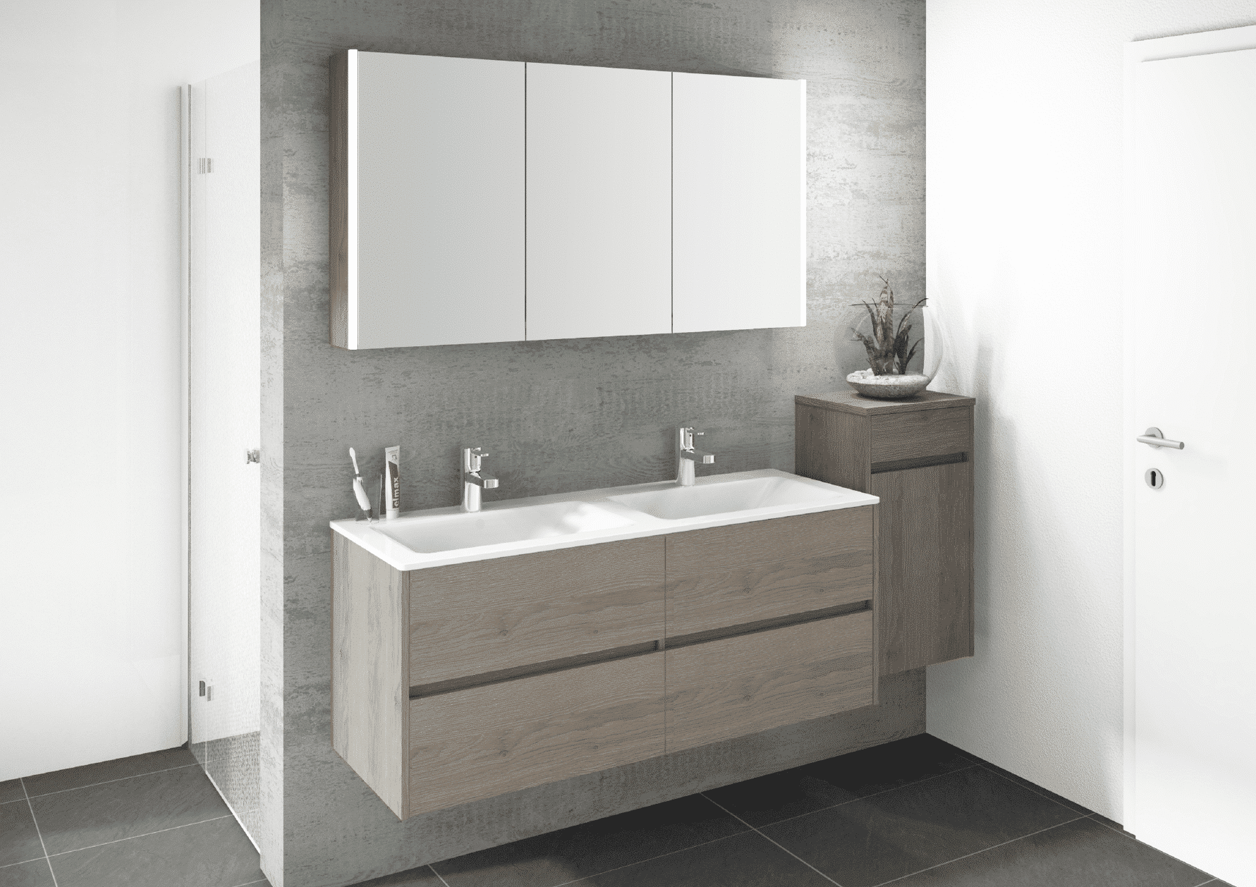 Frauenthal zeigt ein Badezimmer im Industrial Style mit Betonwänden, dunklem Fliesenboden, einem Doppelwaschtisch aus Holz und weissen Hängeschränken.