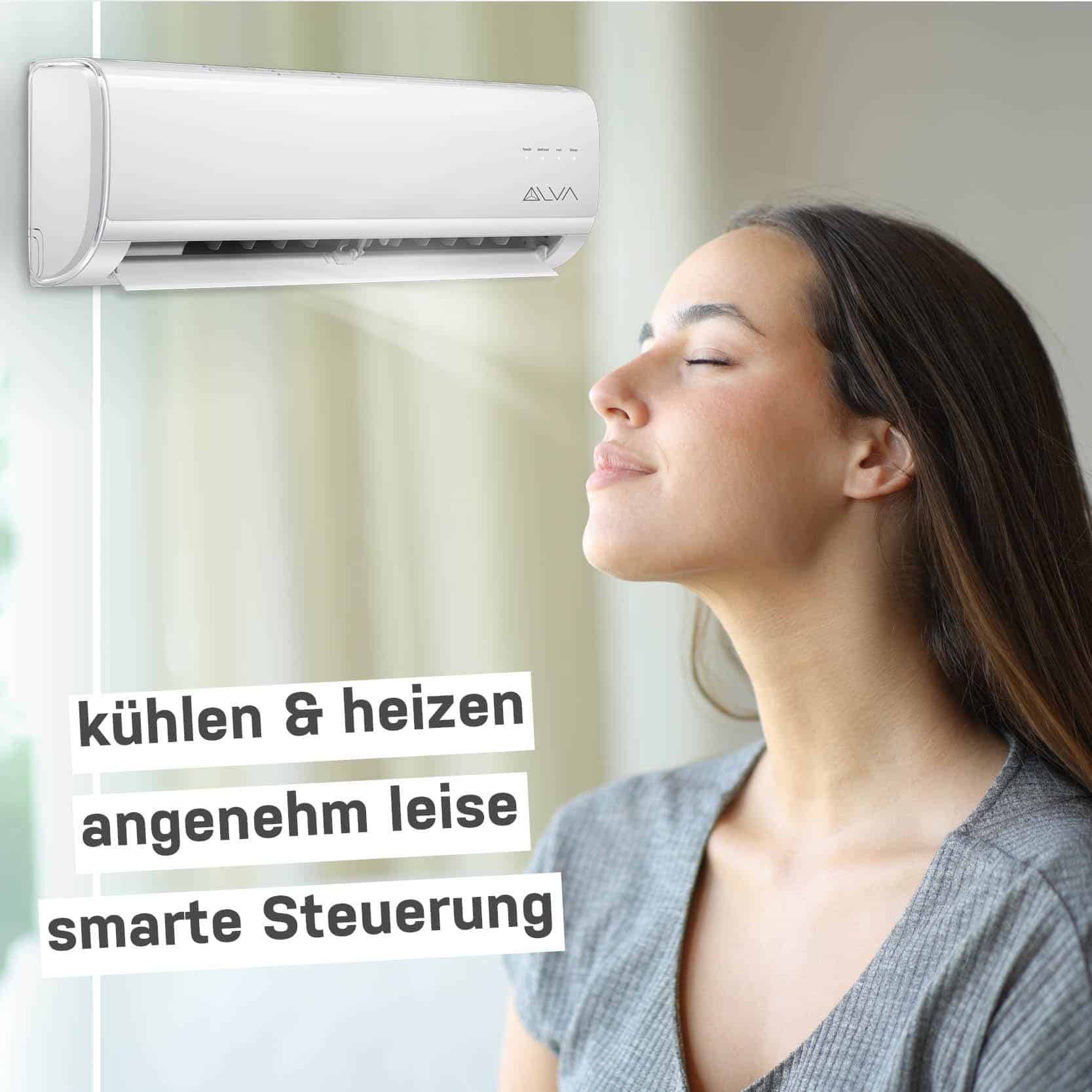 Eine Frau genießt das angenehm temperierte Wohnzimmer mit einer Klimaanlage von ALVA die kühlen und heizen kann.
