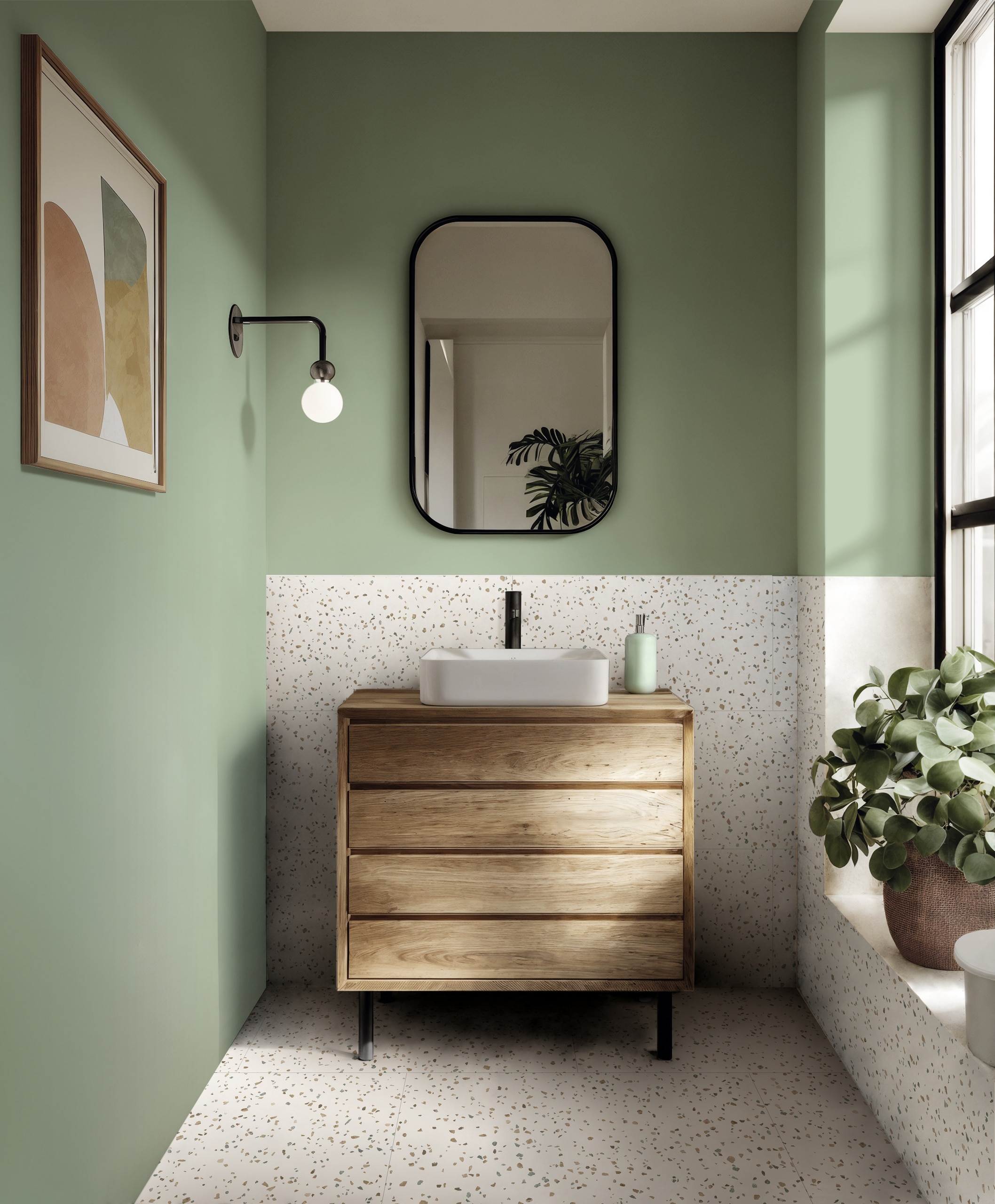 Gerflor zeigt einen Design-Bodenbelag und Wandbelag in Steinoptik in einem kleinen Badezimmer.