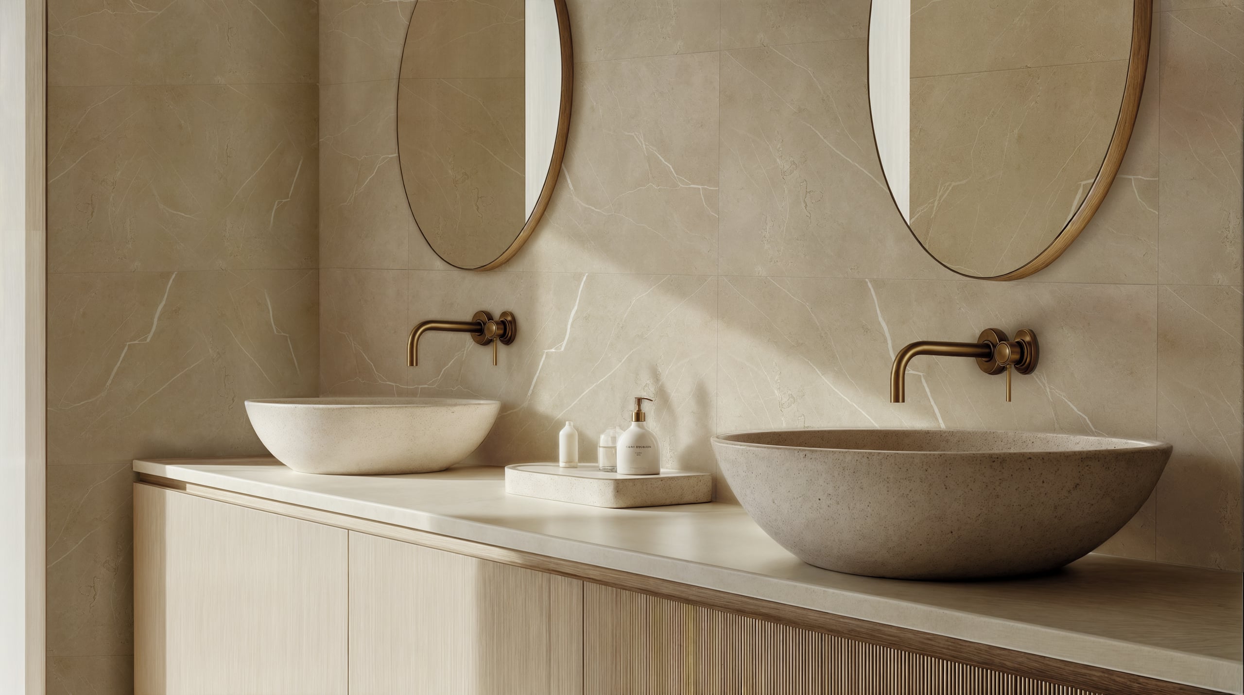 Gerflor präsentiert den Wandbelag Mural Revela in Marmoroptik in einem Badezimmer mit Doppelwaschtisch.