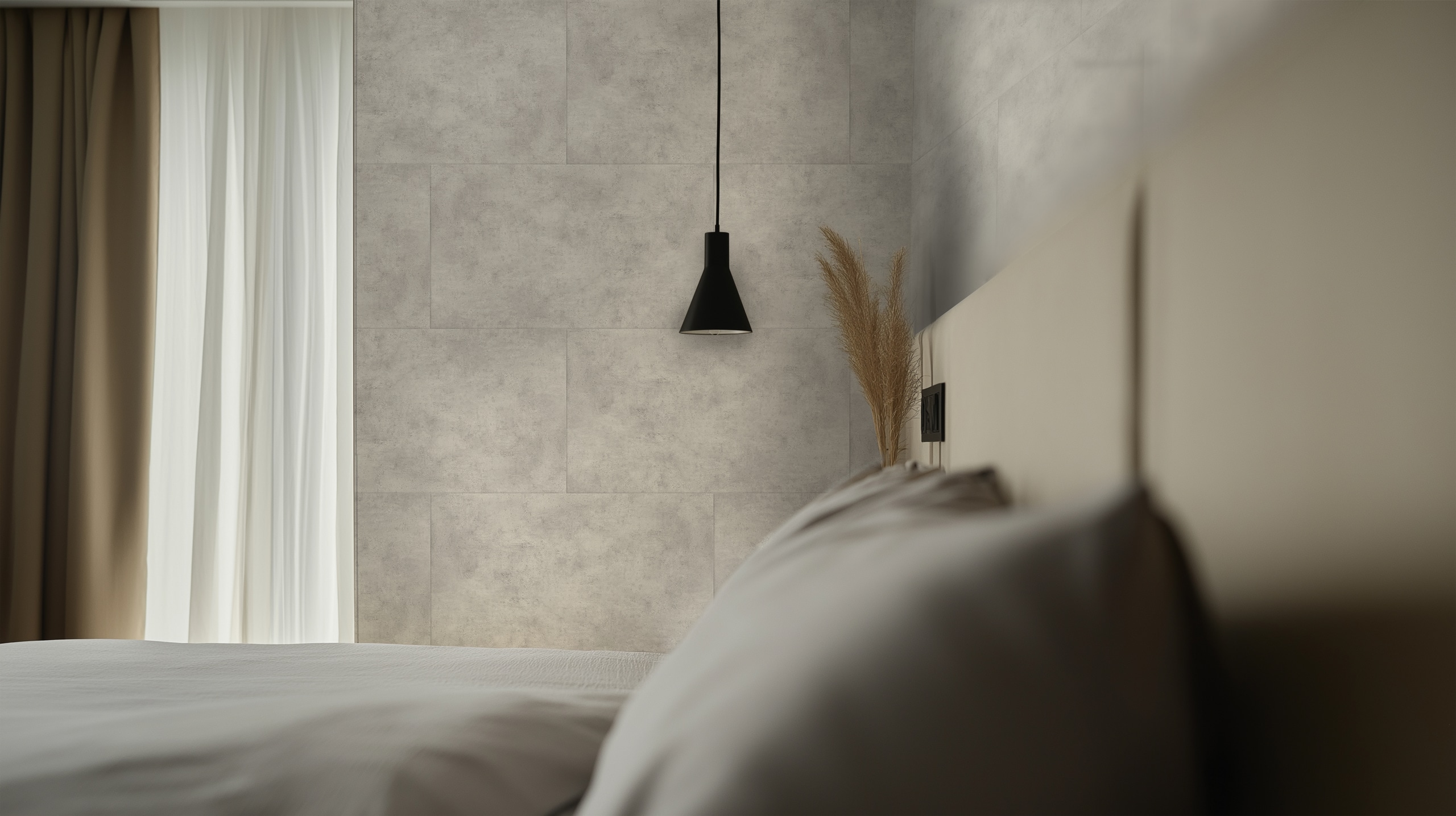 Gerflor präsentiert den grau melierten Wandbelag Mural Revela in einem Schlafzimmer.