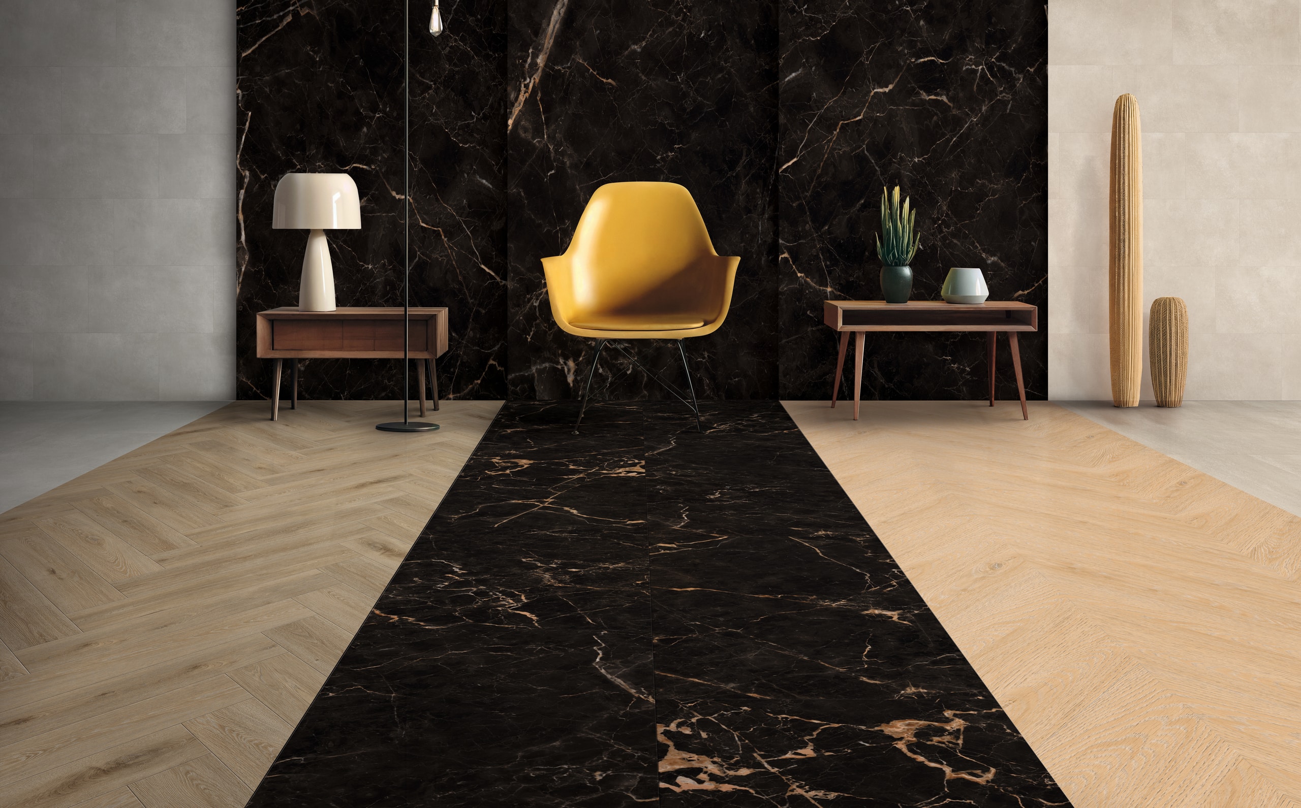 Gerflor zeigt unterschiedliche Design-Bodenbeläge in Holzoptik, Marmoroptik und Steinoptik in einem modernen Wohnraum.