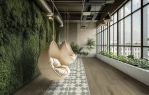 Gerflor zeigt zwei Design-Bodenbeläge in Holzoptik und mit Retromuster in einem hohen hellen Raum mit Hängesesseln.