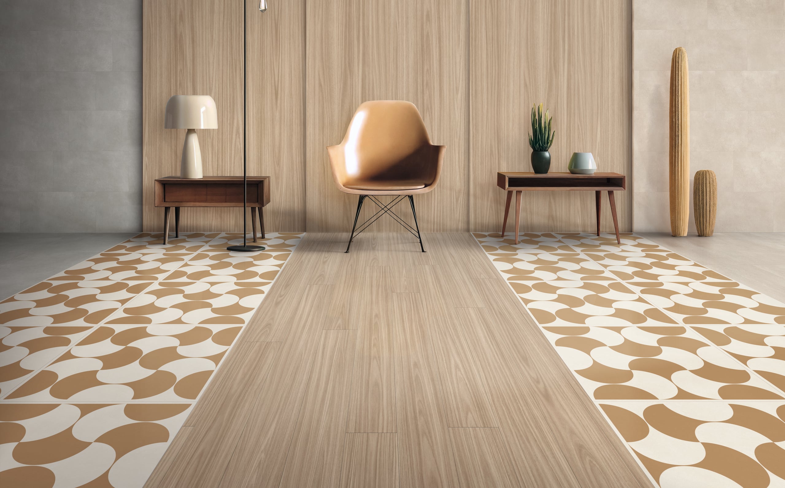 Gerflor zeigt unterschiedliche Design-Bodenbeläge in Holzoptik, Fliesenoptik und Steinoptik in einem modernen Wohnraum.