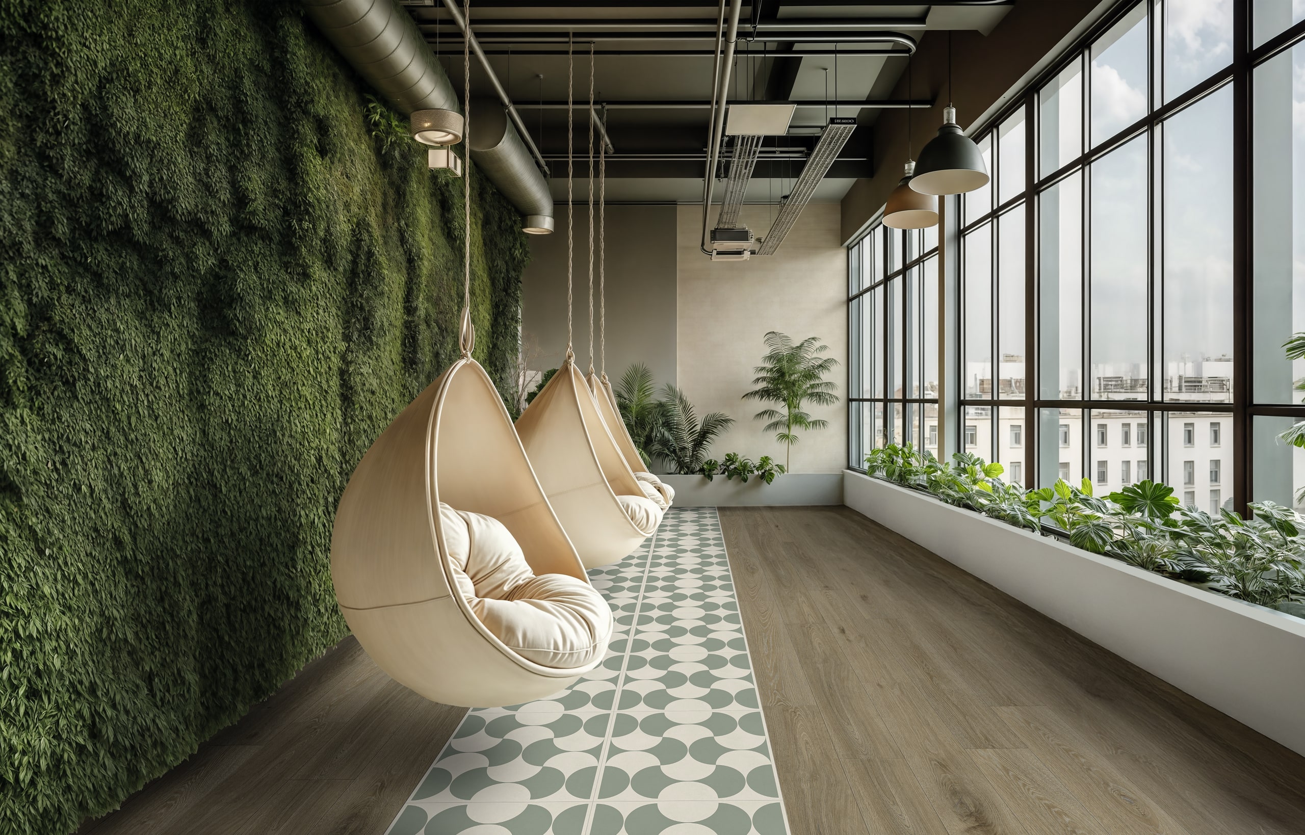 Gerflor zeigt zwei Design-Bodenbeläge in Holzoptik und mit Retromuster in einem hohen hellen Raum mit Hängesesseln.