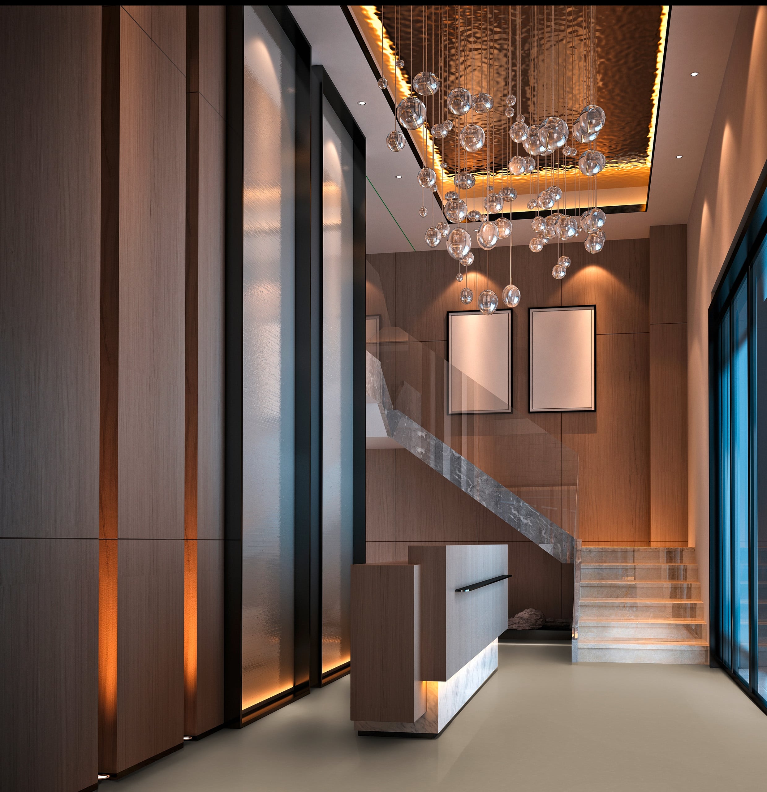 Gerflor präsentiert einen exklusiven hohen Empfangsraum mit Schiebetür und Treppenaufgang und einem mit Lino beschichteten Boden in einem Braunton.