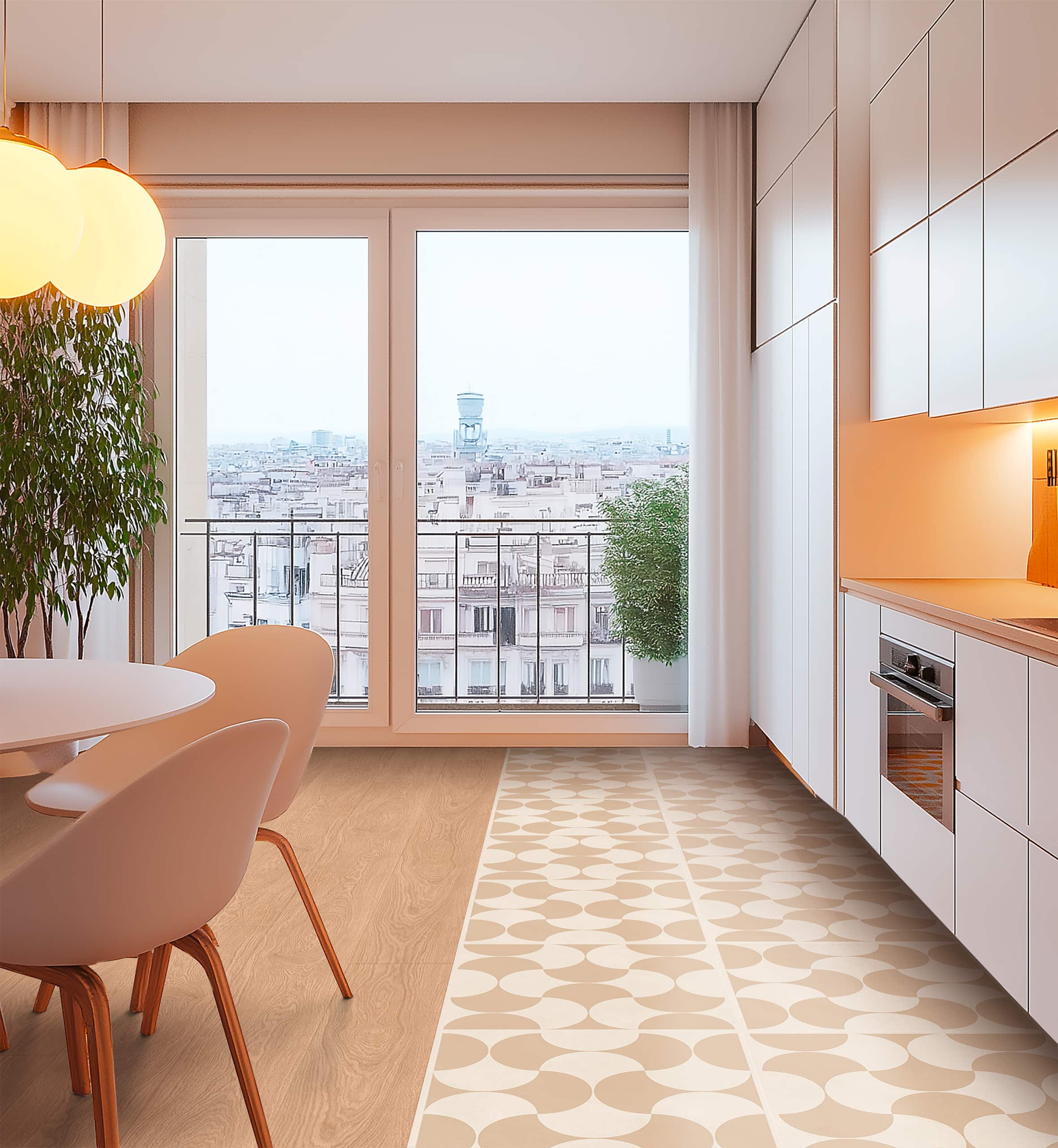 Gerflor zeigt eine helle Küche mit weiß und beige gemustertem Bodenbelag und den angeschlossenen Essbereich mit einem Bodenbelag im Holzdesign.