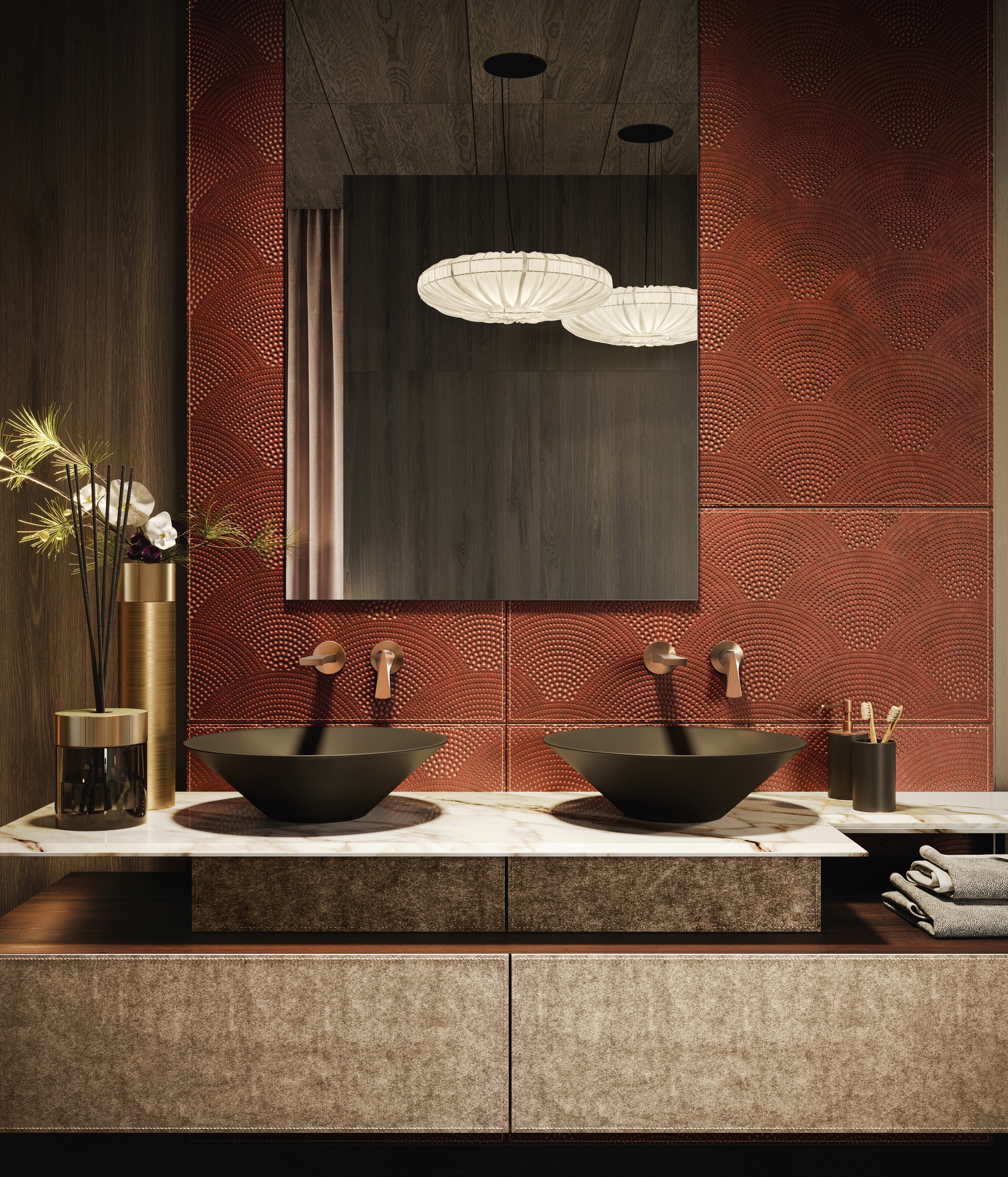 GESSI zeigt einen Doppelwaschtisch mit Marmorplatte und freistehenden schwarzen Waschbecken und goldfarbenen Armaturen an der Wand montiert.