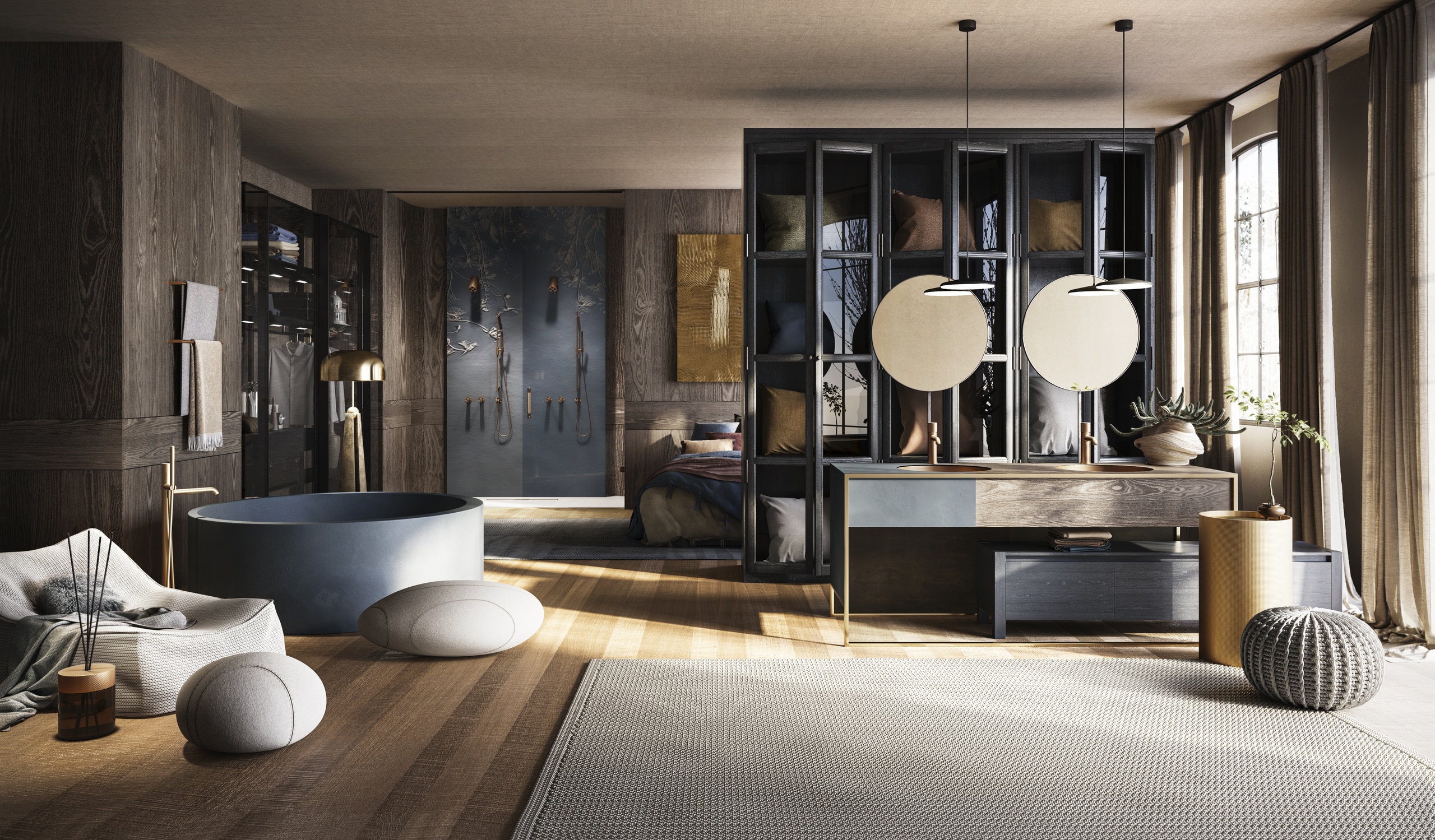 GESSI präsentiert einen großen Wellnessraum mit Duschen, freistehendem Wasserbecken mit freistehener Armatur in gold und Doppelwaschbecken mit goldener Armatur.