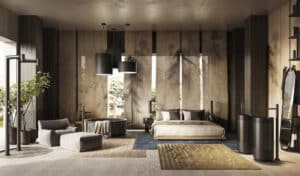 GESSI präsentiert einen großen Schlaf- und Wellnessraum mit Duschsäulen und Waschbeckensäulen mit freistehenden Armaturen in schwarz.