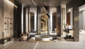 GESSI präsentiert ein großes offenes Spa mit Regenduschen und Handduschen in schwarz, freistehendem Wasserbecken mit freistehender Armatur und Doppelwachtisch mit freistehenden Waschbecken und Armaturen in schwarz.