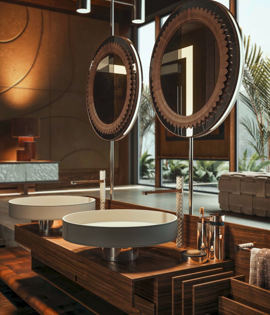 Gessi präsentiert einen luxuriösen Badezimmer mit Doppelwaschtisch und freistehenden Wasserhähnen in Gold und Weiß mit Gitterstruktur.