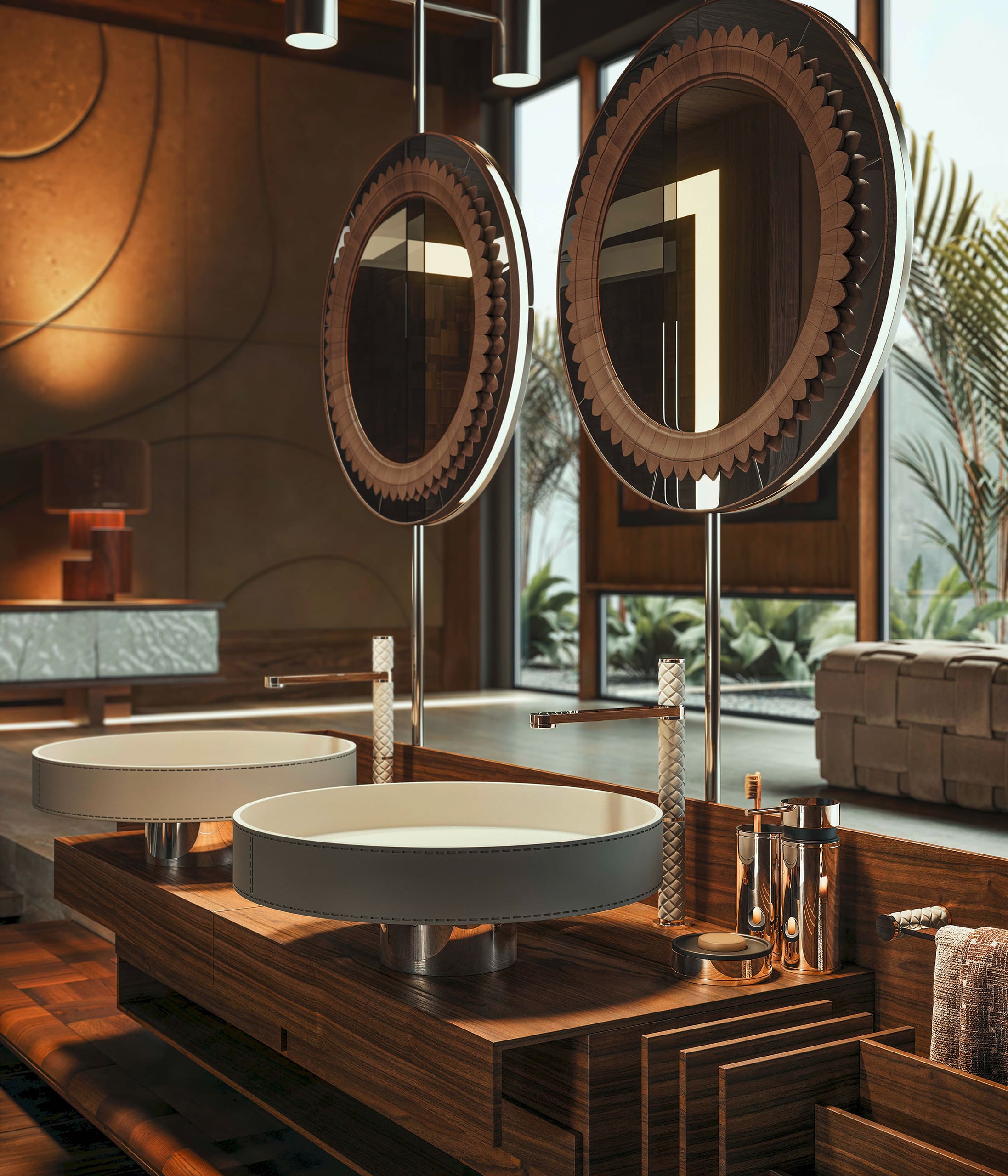Gessi präsentiert einen luxuriösen Badezimmer mit Doppelwaschtisch und freistehenden Wasserhähnen in Gold und Weiß mit Gitterstruktur.