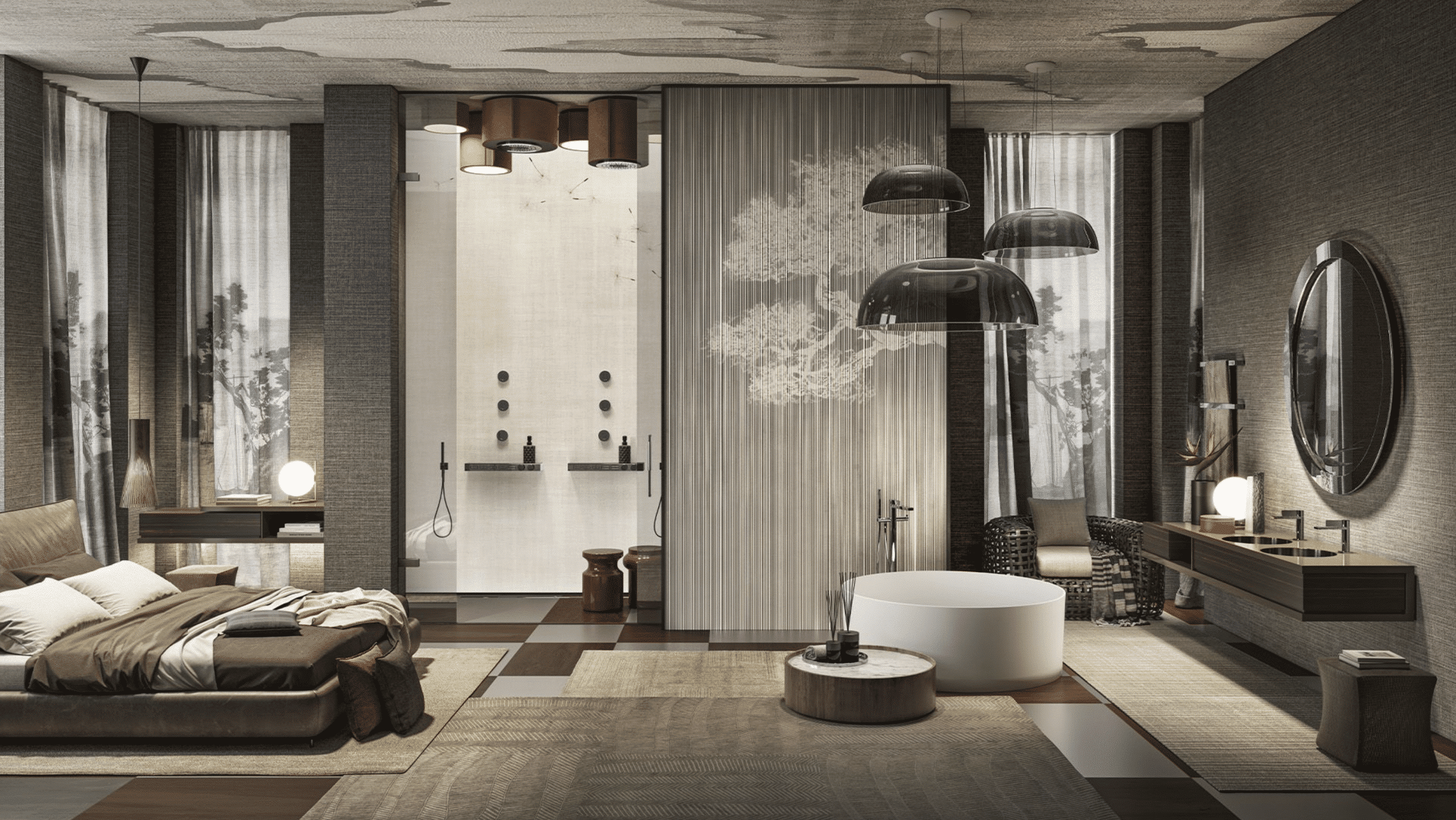 Schlafzimmer mit kombiniertem Bad mit offener Doppel-Walk-In-Dusche, freistehender Badewanne und Waschtisch mit Gessi-Armaturen aus der neuen Inverso-Kollektion.
