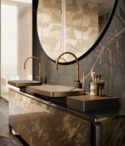 Badezimmer mit Doppelwaschtisch und formschönen Armaturen im Bambus-Stil aus der Kollektion Jacqueline von GESSI.