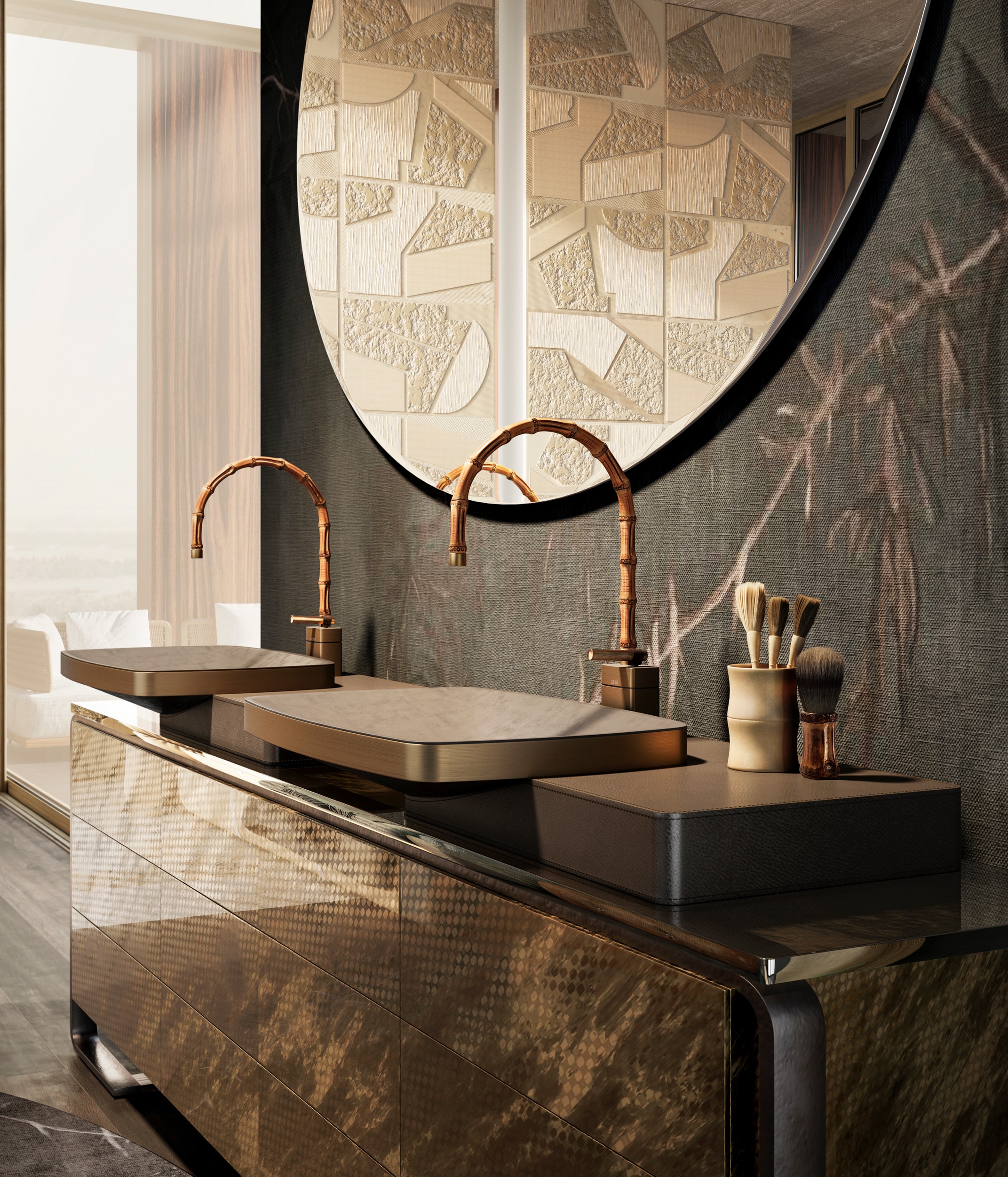 Badezimmer mit Doppelwaschtisch und formschönen Armaturen im Bambus-Stil aus der Kollektion Jacqueline von GESSI.