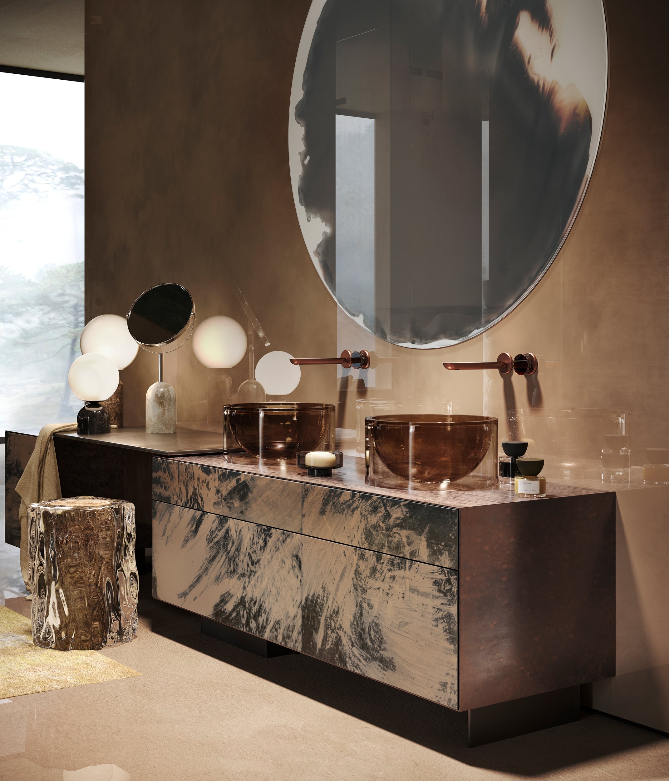 GESSI präsentiert einen Waschtisch mit 2 Aufsetzbecken aus Glas und wandmontierten Armaturen aus der neuen Kollektion Perle.