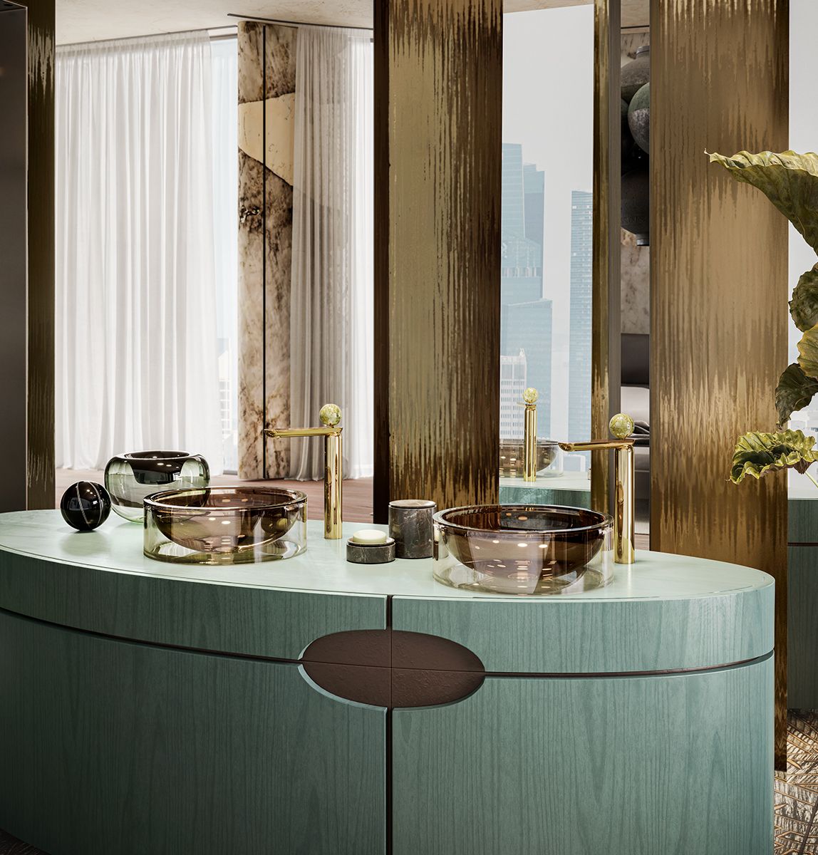 Gessi zeigt ein exclusives Badezimmer mit Doppelwaschtisch und Armaturen der Kollektion Perlen.