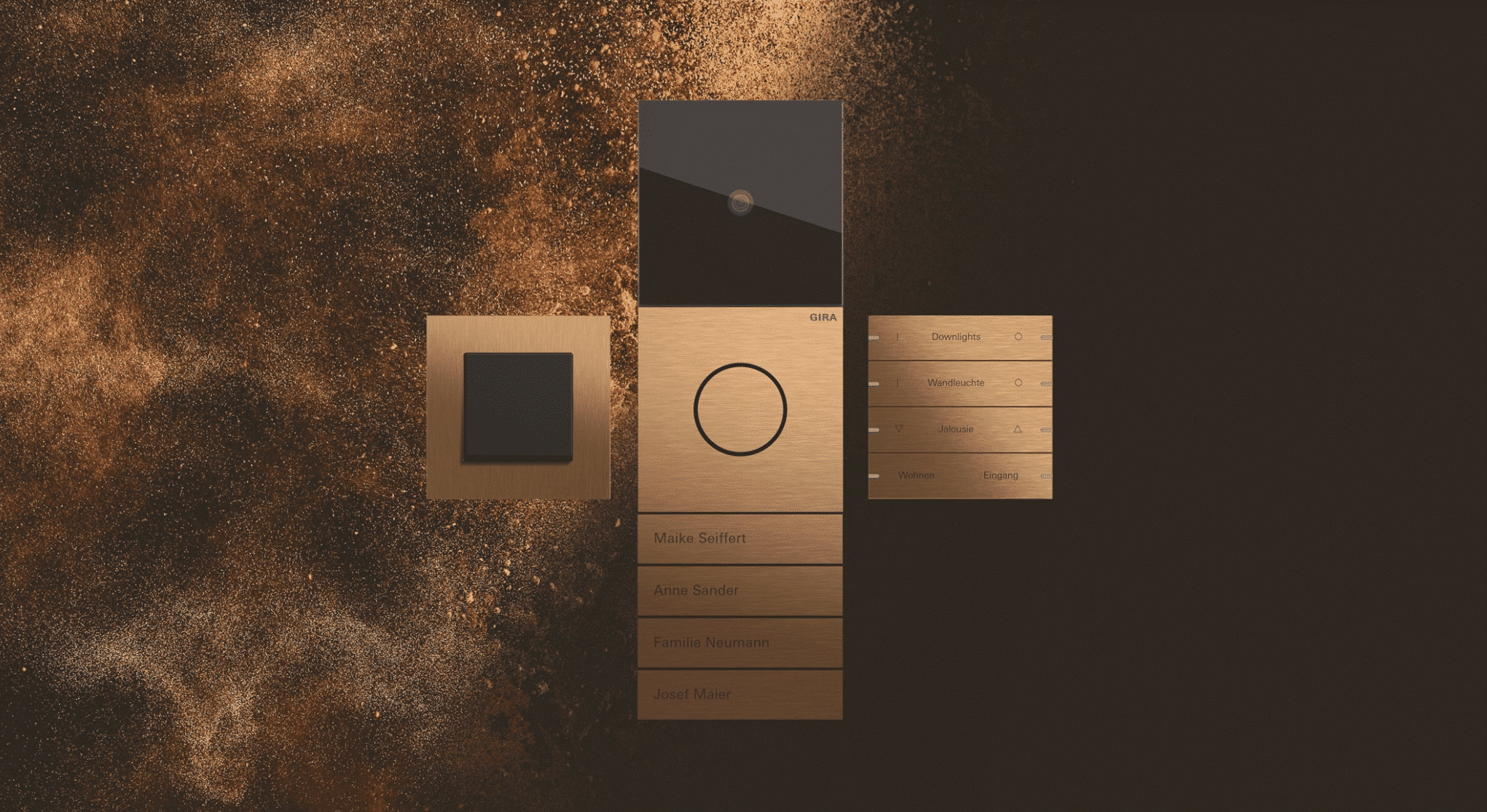 Gira Systemdesign Bronze Key Visual - Das Gira Systemdesign er-möglicht eine stringente Kon-zeption von der Haustür über die konventionelle Elektroin-stallation in allen Räumen bis hin zum smarten Schalter – hier im Farbton Bronze.