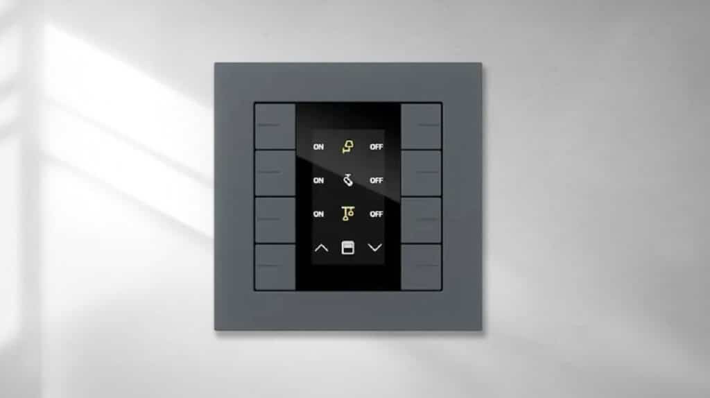 Der Gira Tastsensor 4.55 Plus - hier mit anthrazitfarbenem Rahmen und schwarzem Display - ermöglicht die komfortable Steuerung zentraler Gebäudefunktionen mit integrierter Statusanzeige wie Licht- und Jalousienregler.