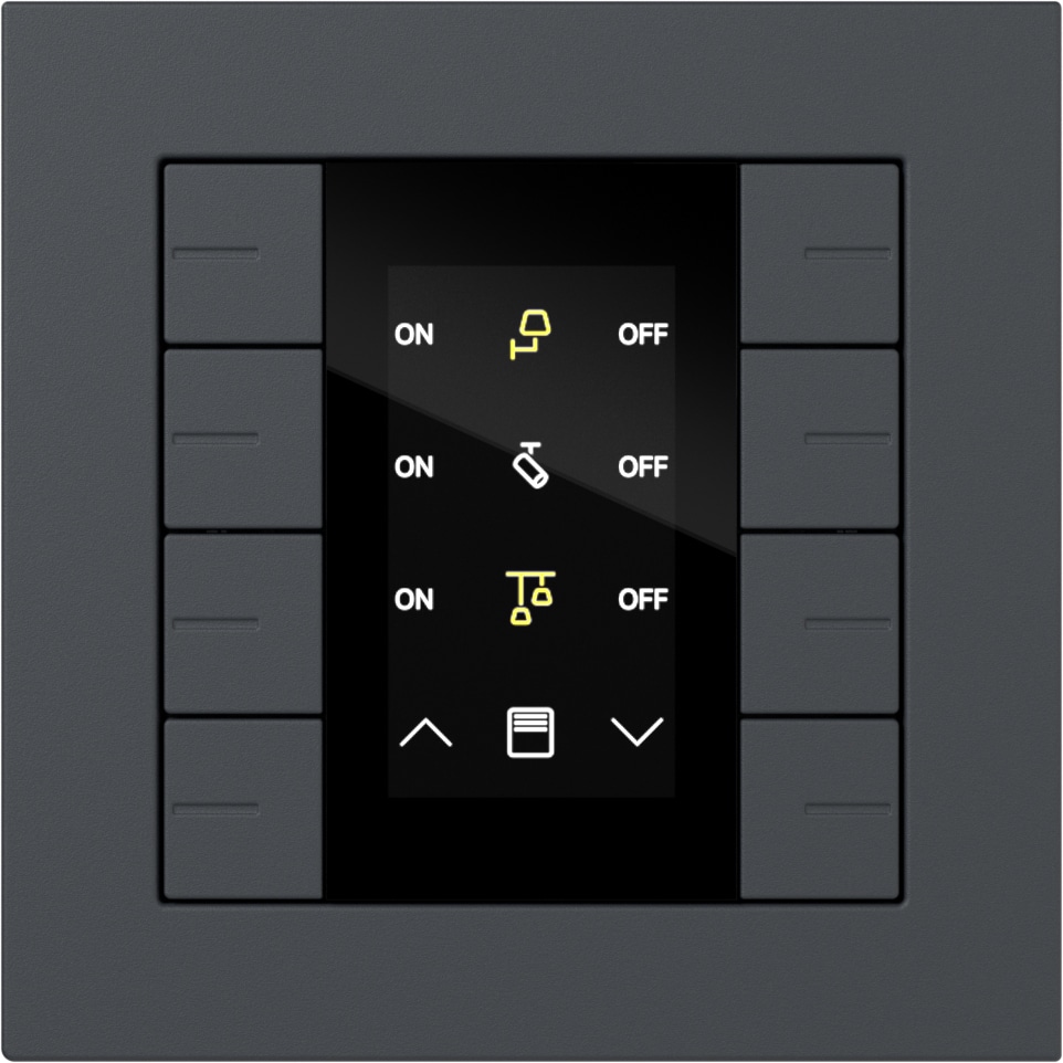 Der Gira Tastsensor 4.55 Plus - hier mit anthrazitfarbenem Rahmen und schwarzem Display - ermöglicht die komfortable Steuerung zentraler Gebäudefunktionen mit integrierter Statusanzeige wie Licht- und Jalousienregler.