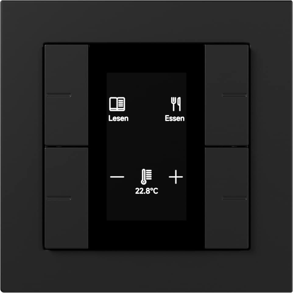 Der Gira Tastsensor 4.55 Plus - hier mit mattschwarzem Rahmen und schwarzem Display - ermöglicht die komfortable Steuerung zentraler Gebäudefunktionen mit integrierter Statusanzeige wie Licht- und Raumtemperaturregler.