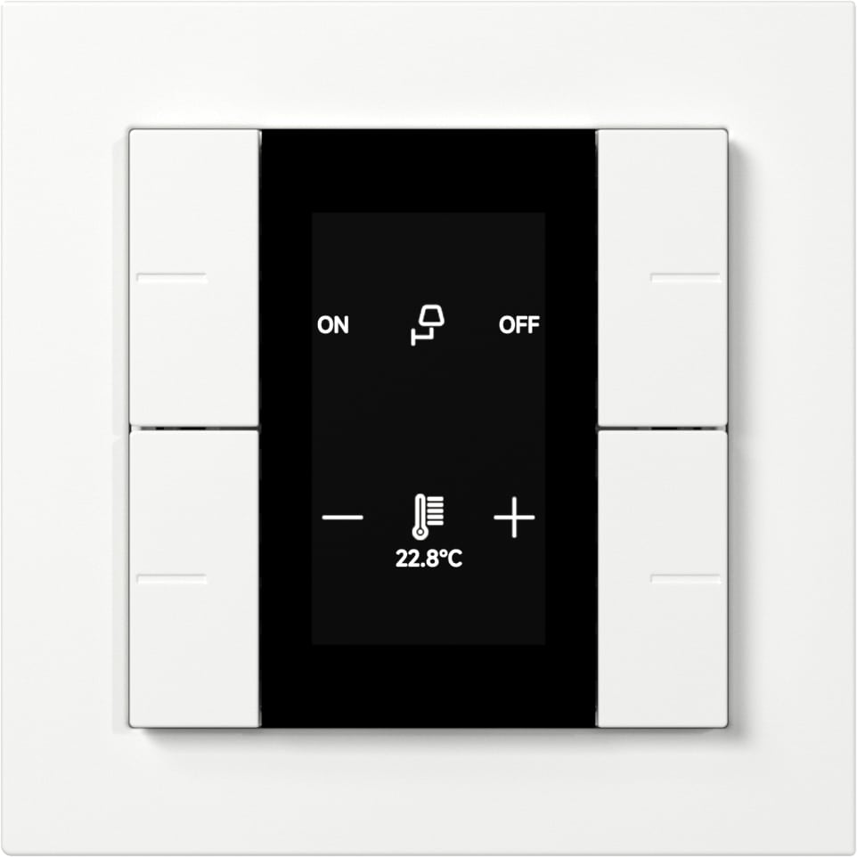 Der Gira Tastsensor 4.55 Plus - hier mit weissem Rahmen und schwarzem Display - ermöglicht die komfortable Steuerung zentraler Gebäudefunktionen mit integrierter Statusanzeige wie Licht- und Raumtemperaturregler.
