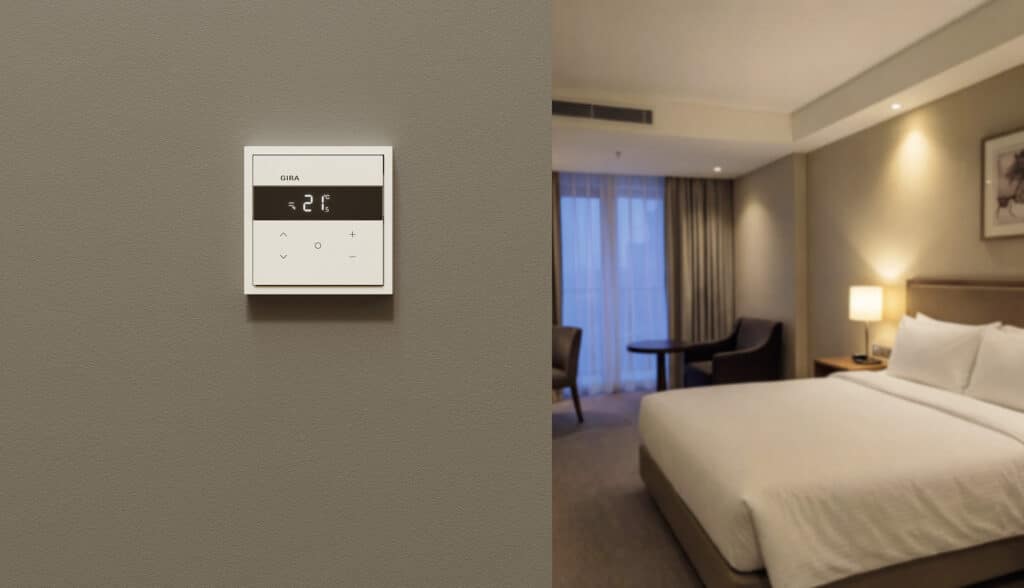 Ein Bedienelement der neuen Gira Raumklimasensoren in Weiß an einer braunen Wand mit einem Schlafzimmer im Hintergrund.