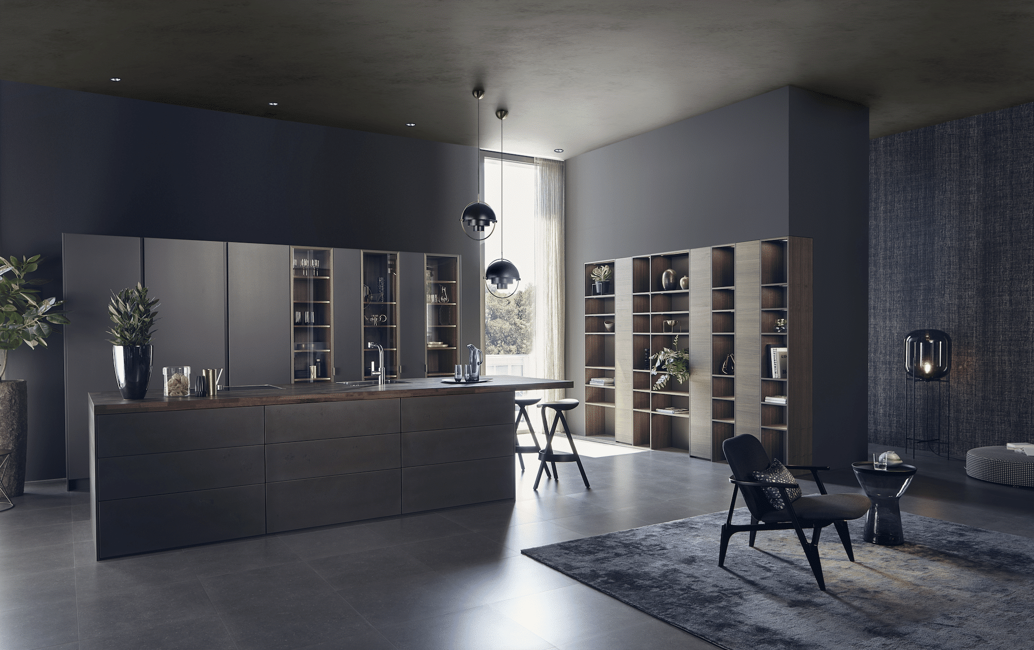 WOHNHAUS Grill & Ronacher zeigt edle dunkelgraue Küche von LEICHT Küchen mit Kochinsel und integrierter Bar mit dunkler Holz-Arbeitsfläche und zwei Barhockern.