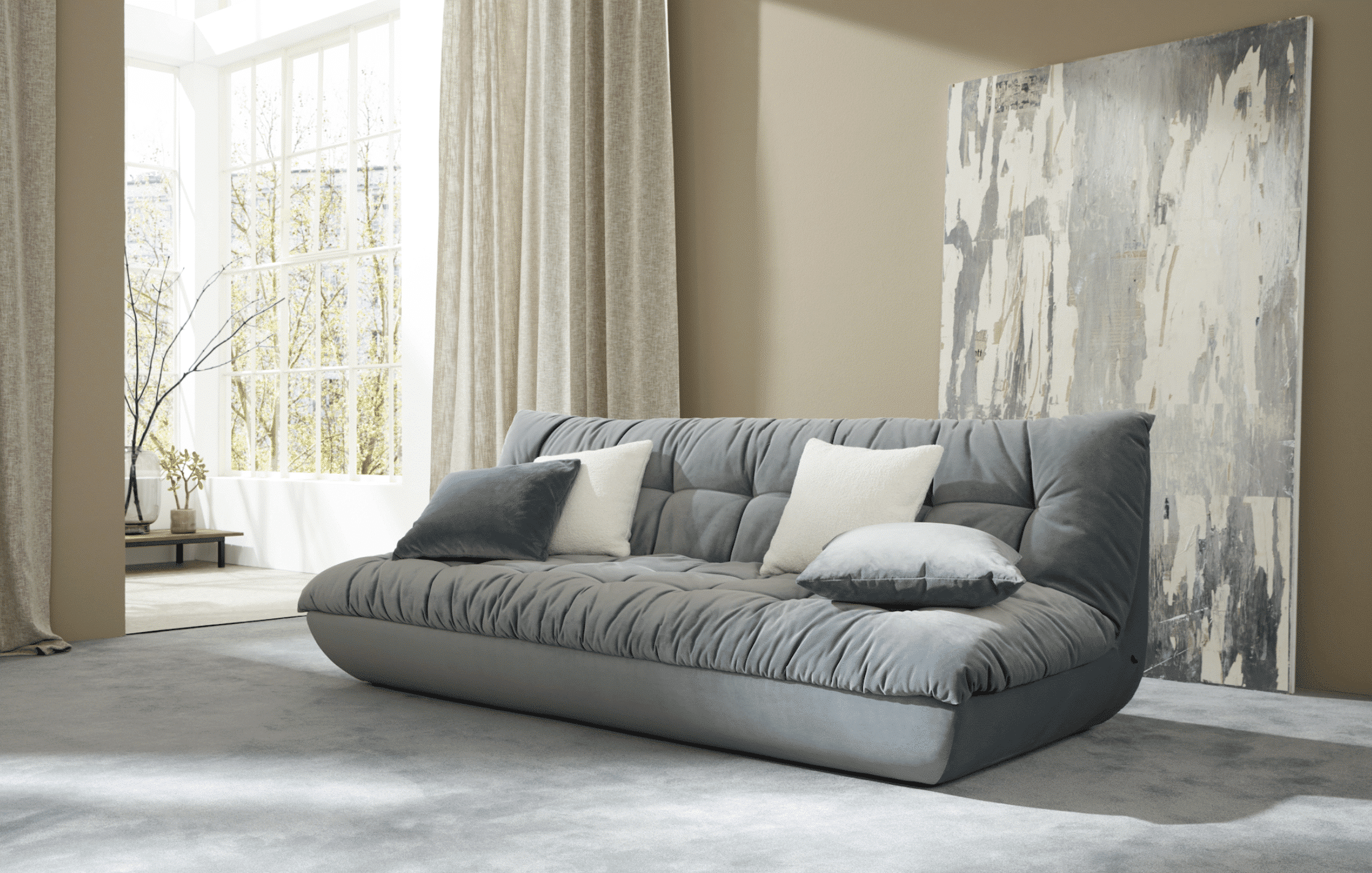 Wohnraum mit Lounge-Sofa, Teppichboden und Erkerfenstern von Bielefelder Werkstätten präsentiert von Grill & Ronacher.