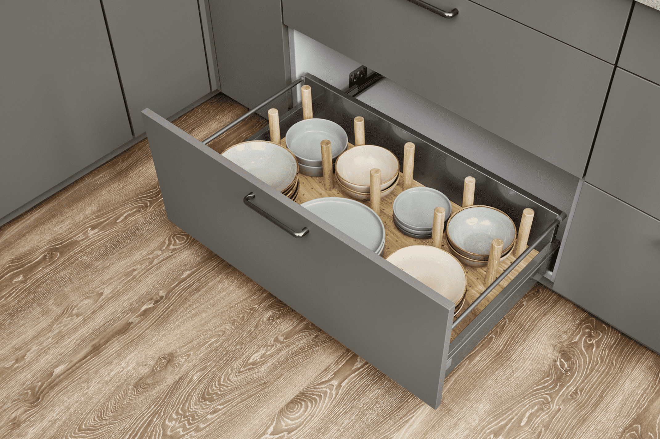 Küche mit grauen Fronten und Auszugslade mit Universal-Organisation aus Holz für Küchenutensilien von Nobilia präsentiert von Grill & Ronacher.