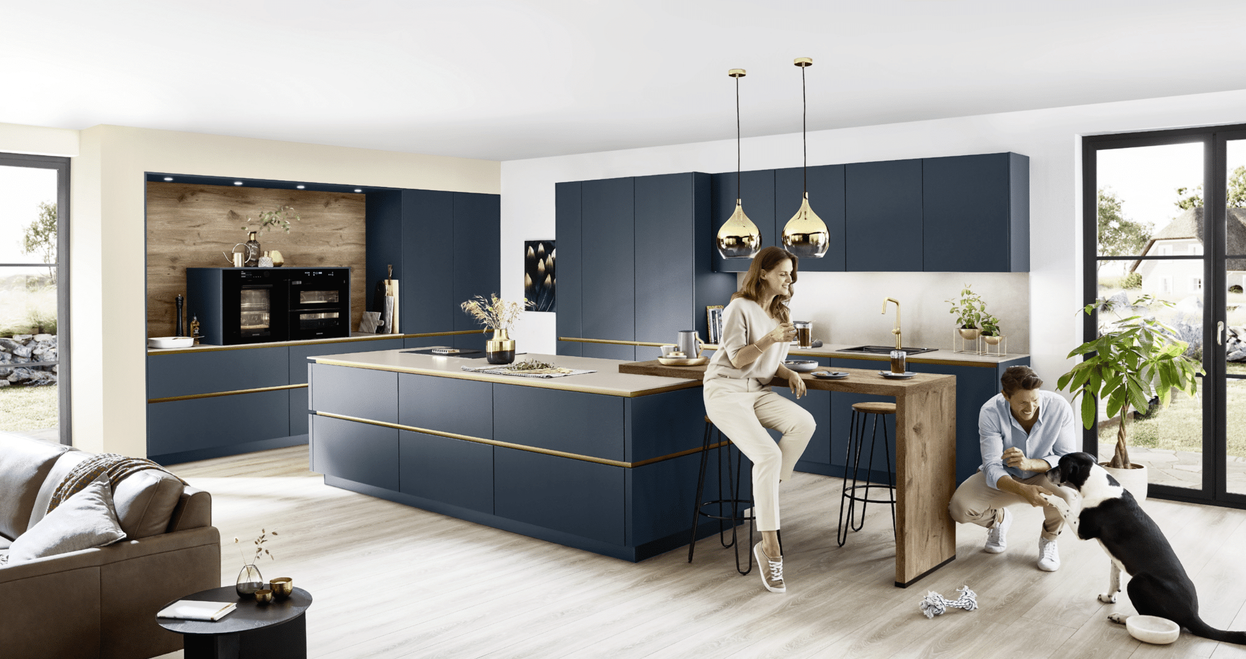 Inselküche mit aufgesetztem Bartisch aus Holz, Küchenfronten in Petrol und Eingriffsmulde von Nobilia präsentiert von Grill & Ronacher.