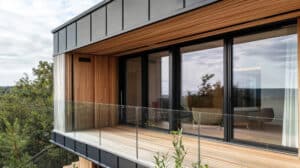 Ein Balkon mit Nurglasgeländer, Fassadenverkleidung und vierteiliger Schiebetür mit schwarzem Alu-Rahmen von Haderer.