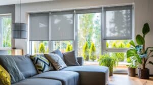 Wohnzimmer mit mit grauer Couch, bodentiefen weissen Kunststofffenstern und Innenrollos aus grauem Webstoff von Haderer.