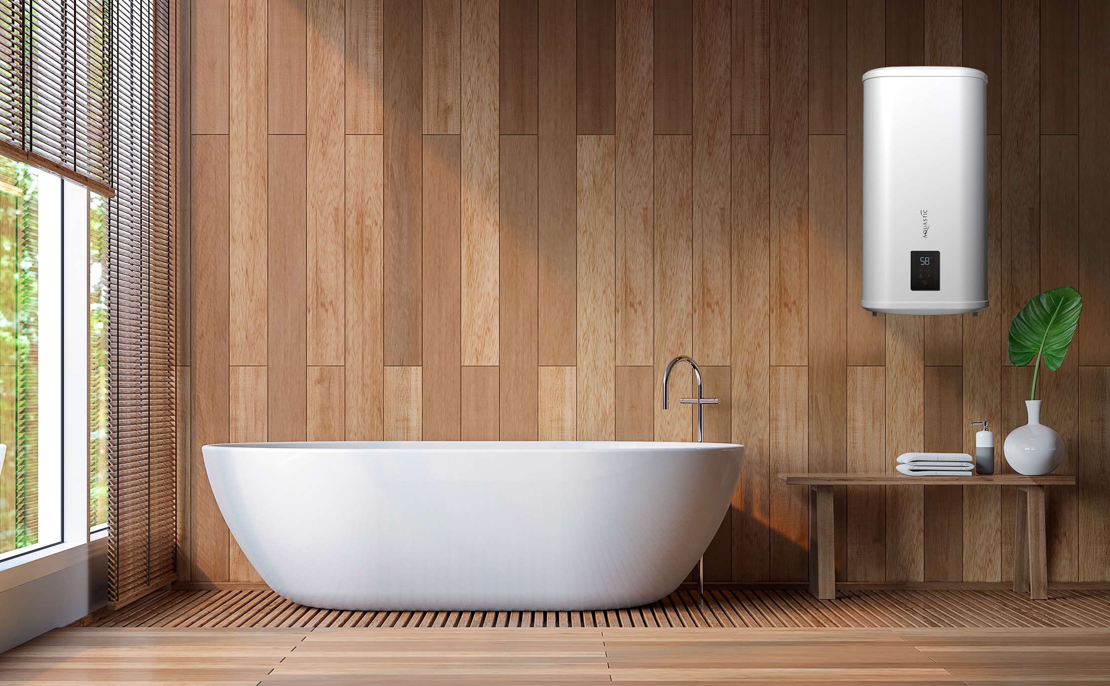 Hajdu zeigt ein Badezimmer mit freistehender Badewanne und einem Gerät zur Warmwasseraufbereitung.