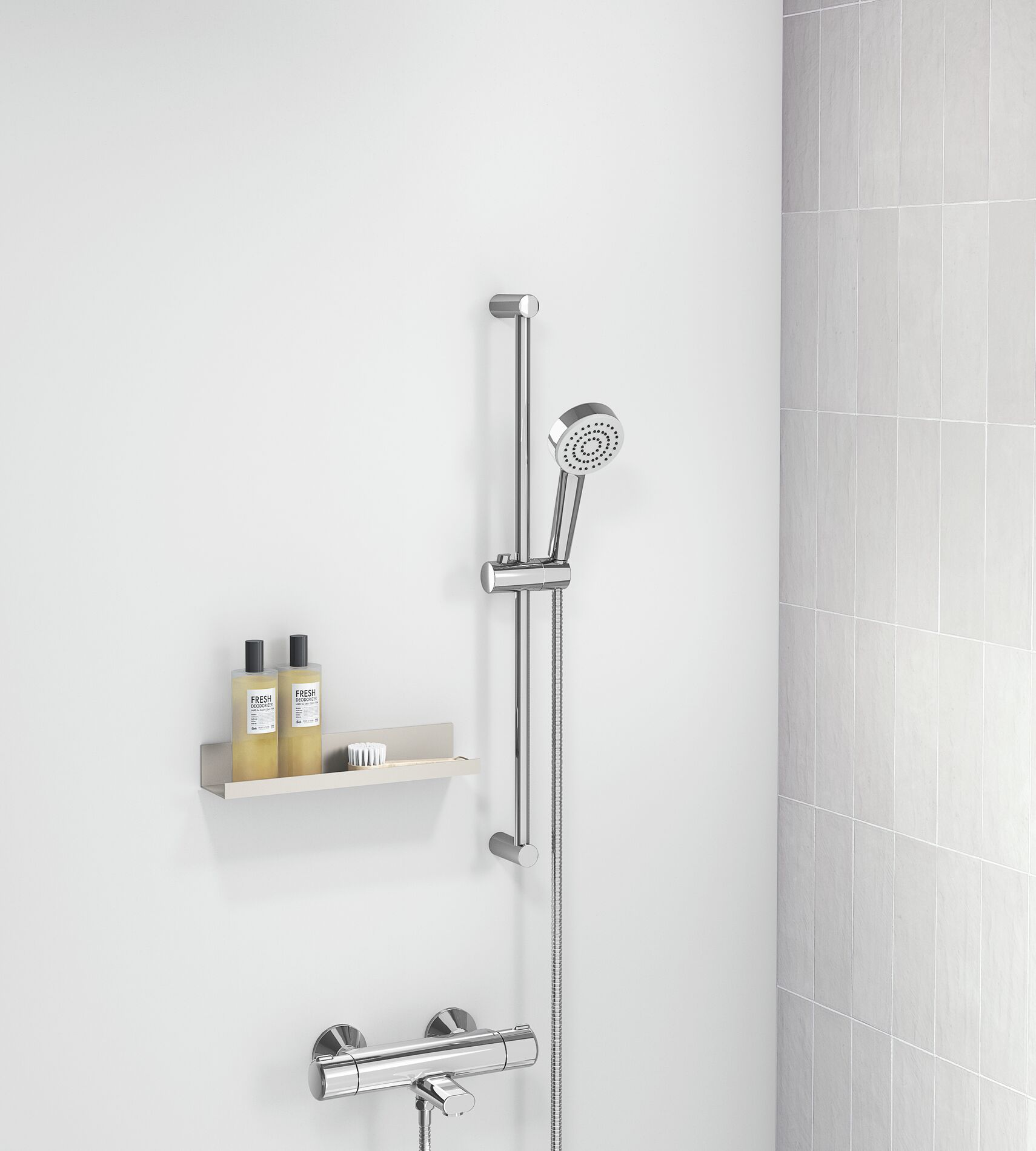 HANSA präsentiert eine Duscharmatur mit Handbrause und Auslass aus der Serie HANSABASIC.