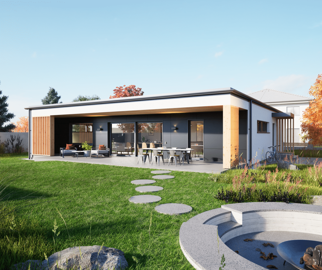 Hartl Haus zeigt Bungalow mit Flachdach und einer großen, nach innen versetzten Terrasse mit runden Trittplatten in den Garten und zum Teich.