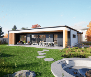 Hartl Haus zeigt Bungalow mit Flachdach und einer großen, nach innen versetzten Terrasse mit runden Trittplatten in den Garten und zum Teich.