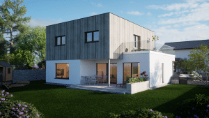 Hartl Haus zeigt Einfamilienhaus mit Holzverkleidung und Flachdach, Terrasse im ersten Stock mit Glasgeländer, Terrasse mit Hochbeet und Stufen in den Garten.