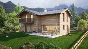Hartl Haus zeigt Einfamilienhaus aus Holz mit Satteldach, Balkon mit Glasgeländer, Terrasse mit großer Glasschiebetüre zum Garten mit Holzzaun.