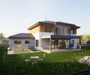 Hartl Haus zeigt Einfamilienhaus mit Zeltdach, mit Holz verkleidetes oberes Stockwerk, überdachte Terrasse mit Stufen in den Garten, angebaute Doppelgarage und großer Garten mit Hochbeeten.