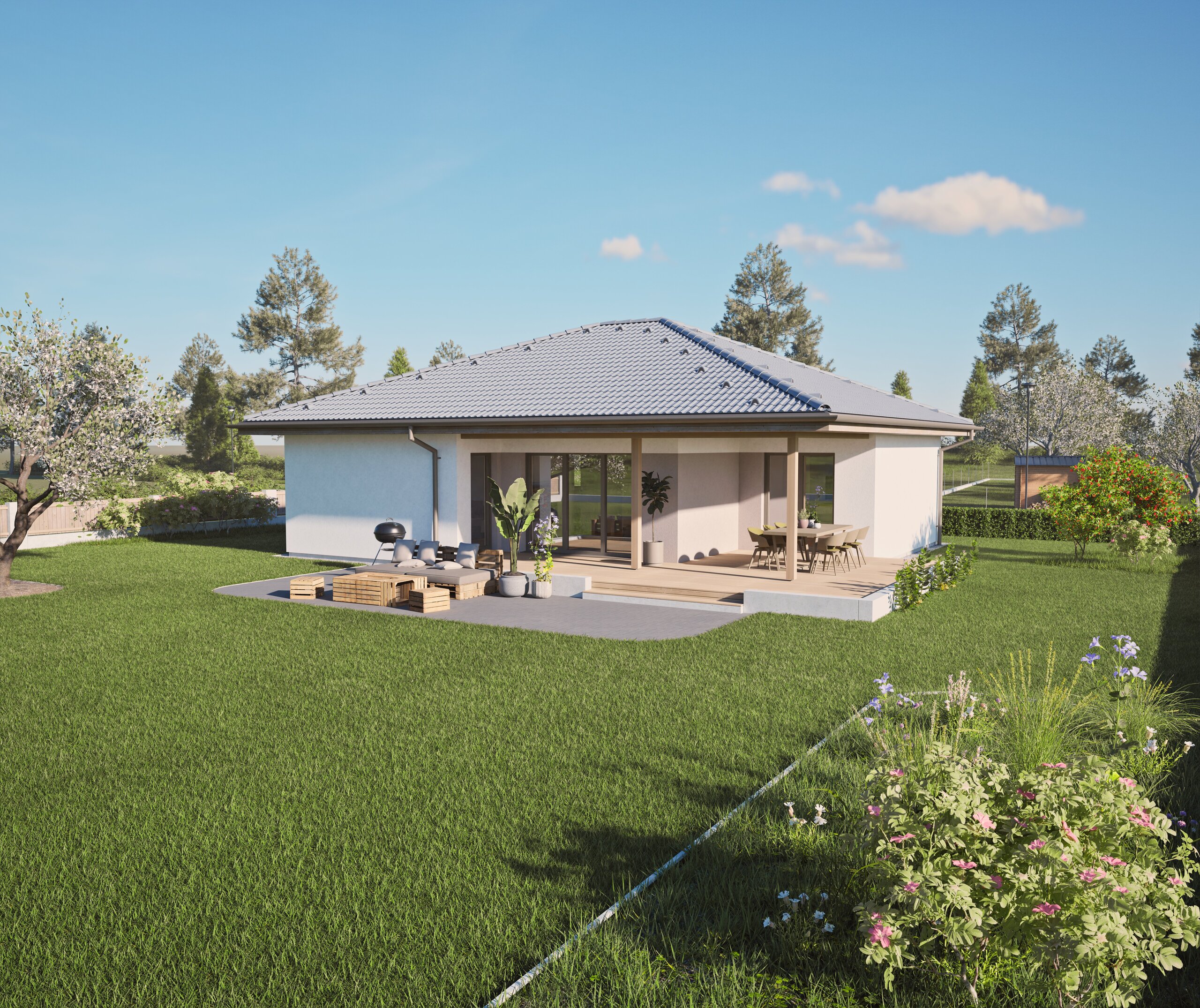 HARTL HAUS zeigt einen Bungalow mit Walmdach und einer großzügigen überdachten, um's Eck verlaufenden Terrasse mit Stufen zum weiterführenden Terrassenbereich mit großer Gartenfläche.