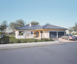HARTL HAUS zeigt einen Bungalow mit Walm-Kehldach, Gartenfläche, Doppelgarage und einem überdachten Eingangsbereich mit Holzfassade.