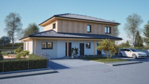 HARTL HAUS zeigt ein zweistöckiges Einfamilienhaus mit verschachtelten Walmdächern, Terrasse, Garten, überdachtem Eingangsbereich und einer separaten Wohneinheit mit Zugangstüre.