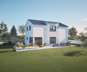 HARTL HAUS zeigt ein Einfamilienhaus mit Schleppgaube, großem Gartengrundstück, Fenstern und Terrassenschiebetüren mit schwarzem Alurahmen und einem Terrassenpodest mit Holzdielen und integriertem Pflanzbeet.