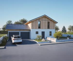 Einfamilienhaus mit Satteldach bodentiefen Fenstern mit Holzfassade im Obergeschoss und einer angebauten Doppelgarage und ein Hauseingangsbereich mit Garten und Zierbeet von HARTL HAUS.